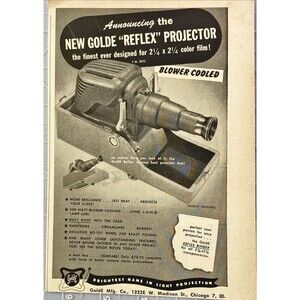 GoldE Manufacturing Co. New "Reflex" Projector - Blower Cooled Vtg Print Ad 1949